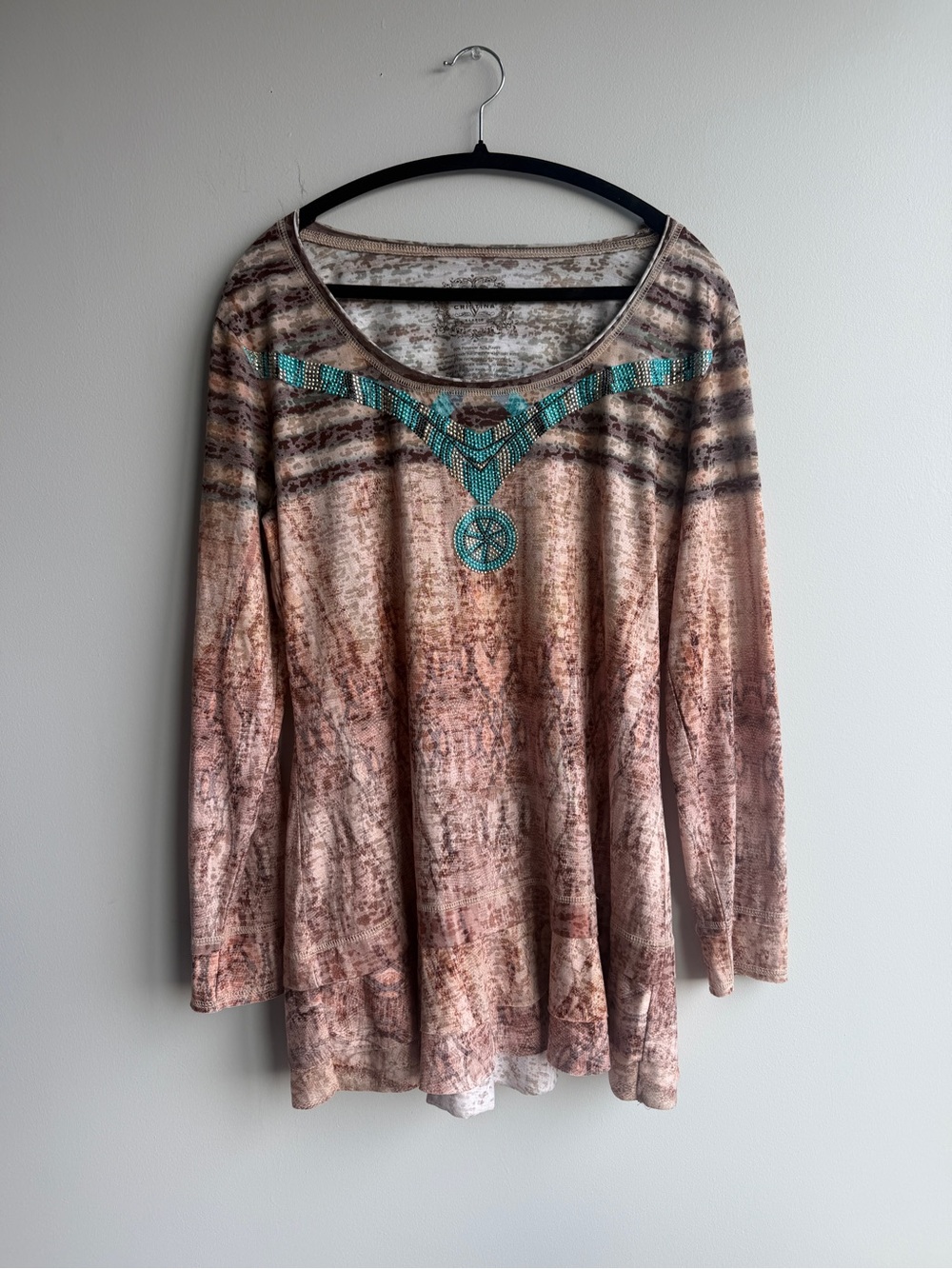 V Christina Embellished Long Sleeve Tunic Top Southwestern Boho Ruffled Hem